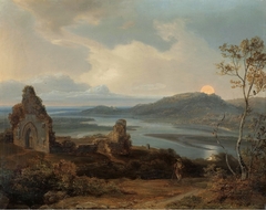 Ruin of a Chapel near a River with Rising Moon by Carl Rottmann