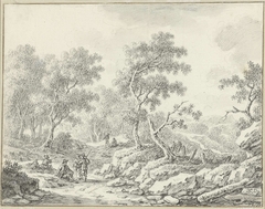 Rustende en wandelende personen in boomrijk landschap by Johann Christoph Dietzsch