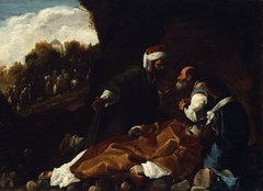 Saint Stephen Mourned by Saints Gamaliel and Nicodemus by Pensionante del Saraceni