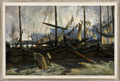 Schilderij met boten bij Oude Turfhaven by Bartus Korteling