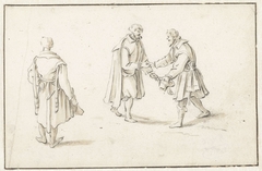 Staande man en twee mannen elkaar begroetend by Herman Saftleven