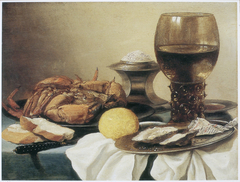 Still life of a crab on a pewter plate by Pieter Claesz