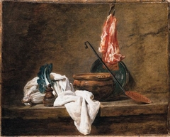 Still Life with Dishcloth, a Pot, a Plate, a Skimmer and Meat on a Hook by Jean-Baptiste-Siméon Chardin