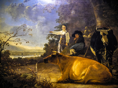 Two Cows with a Shepherd and Shepherdess by Aelbert Cuyp