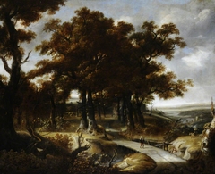 Wooded Landscape with a Traveller crossing a Bridge by Anonymous