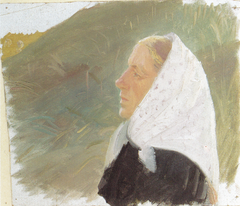 Young woman in black with a white headscarff, sitting in the dunes by Anna Ancher