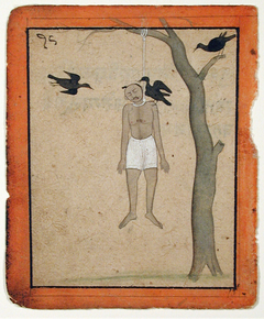 A hanging man's body is regarded by three crows by Anonymous