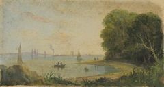 A river scene with rowing boat and sails on the horizon by Arthur Wellington Fowles