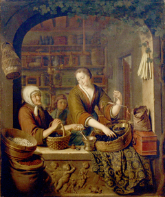 A Shopkeeper weighing goods for a customer by Willem van Mieris