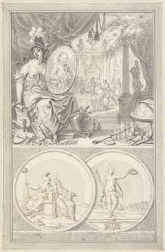 Allegorie op de oprichting van de Hollandsche Maatschappij der Wetenschappen, 1752 by Simon Fokke