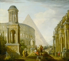 Architectural Capriccio with the Tomb of the Giulii, the Colossseum and a Triumphal Arch (after Panini) by Francis Harding