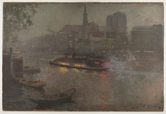 Bateau-Mouche sur la Seine, le soir, devant Notre-Dame by Adolphe Gumery