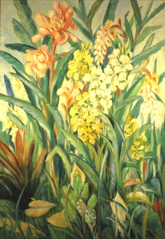 Blooming Flowers--Ginger, Ti Leaf and Anthurium by Lillie Gay Torrey