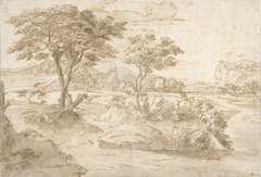 Boomrijk landschap met in de verte enkele gebouwen by Unknown Artist