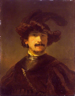 Bust of a man in a gorget and feather bonnet by Rembrandt