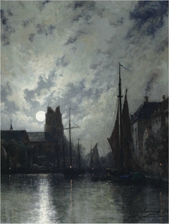 Canal in Dordrecht at moonlight by Egide François Leemans