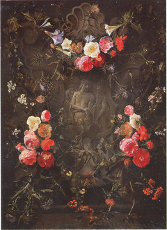 Cartouche with flowergarlands surrounding a depiction of "Ecce Homo" by Daniel Seghers