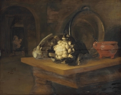 Cauliflowers, an earthenware bowl and a copper pot on a table by Anonymous