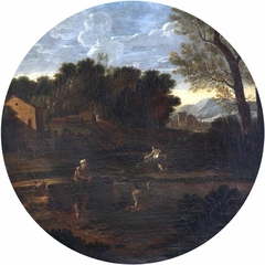 Classical Landscape and Figures in a Tondo (after Dughet) by Anonymous