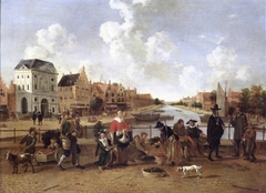 De Groenmarkt met gezicht op de Stille Rijn in Leiden by Hendrick van der Burgh