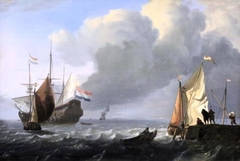 Dutch Ship of the Line towing a Longboat by Ludolf Bakhuizen