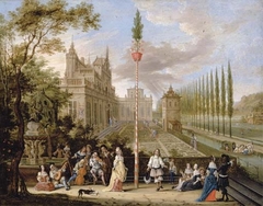 Elegant company making music with a lady and a gentleman dancing around a maypole, a palace with an ornamental garden beyond by Peeter Gijsels