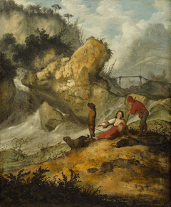 Felsige Landschaft mit Gießbach und Hirten by Jacobus Mancadan