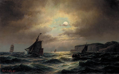 Fishing vessels taking out to sea by moonlight. by Carl Bille