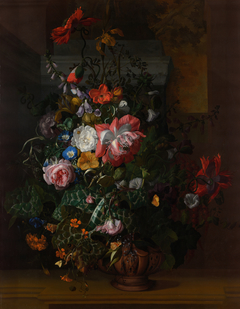 Flowers in a terracotta vase on a stone balustrade by Rachel Ruysch