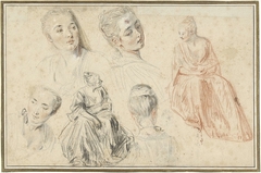 Four Studies of a Woman's Head and Two of a Seated Woman by Antoine Watteau