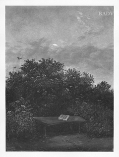 Gartenbank mit aufgeschlagenem Buch vor einer Holunderhecke by Carl Gustav Carus