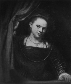 Girl at a Window holding a Curtain by Rembrandt