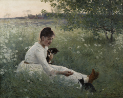 Girl with cats in a summer landscape by Elin Danielson-Gambogi