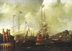 Harbour Scene: Spanish Ships Approaching a Jetty by Sebastian Castro