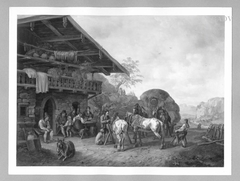 hay carriage in front of a peasant-house by Heinrich Bürkel