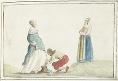 Heer strikt de schoen van een dame by Gesina ter Borch