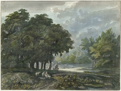 Herders met kudde in bosrijk landschap by Jacob van Liender