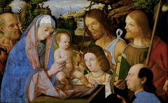 Hl. Familie mit Johannes dem Täufer, Jakobus dem Älterem und zwei Stiftern by Andrea Previtali