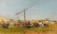 Horses watering by a Well by Julius von Blaas
