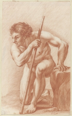 Knielende naakte jongeling met stok by Unknown Artist