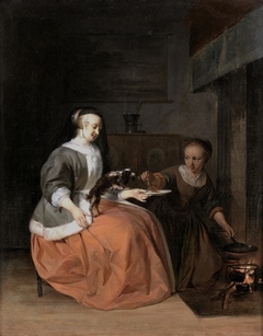 Lady, feeding her little dog by Gabriël Metsu