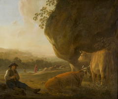 Landscape with flute-playing herder and cattle by Aelbert Cuyp