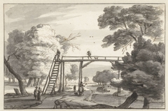 Landschap met een hoge houten brug by Roelant Roghman