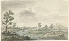 Landschap met kronkelende rivier en hengelaars by Unknown Artist