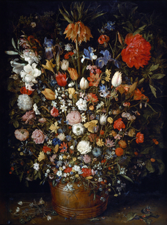 Large Flower Bouquet in Wooden Vase by Jan Brueghel the Elder