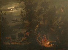 Night Scene with Figures grouped around a Fire by Dirck van der Bergen