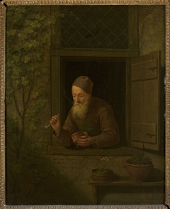 Old man with a pipe in the window by Gerrit Dou