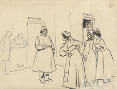 Ontwerp voor illustratie in De Amsterdammer: vier vrouwen voor een deur (Portugal) bewaakt door een agent (1 December 1907) by Johan Braakensiek