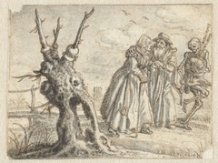 Oude man en een oude vrouw volgen gewillig de doedelzakspelende Dood by Adriaen Pietersz. van de Venne