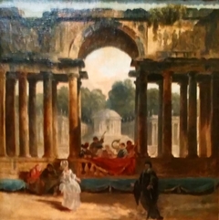 Portique avec danseurs et musiciens dans un parc by Hubert Robert